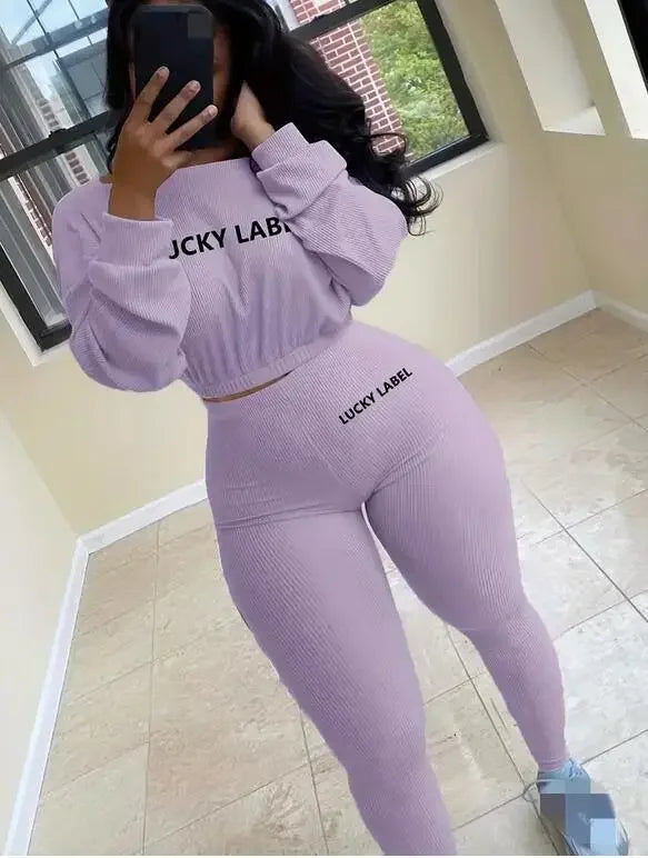 Fashion Summer Solid Lucky Label Letter Embroidery Two Piece Sets Women Sweatshirt+Leggings Casual Sporty Tracksuits Female