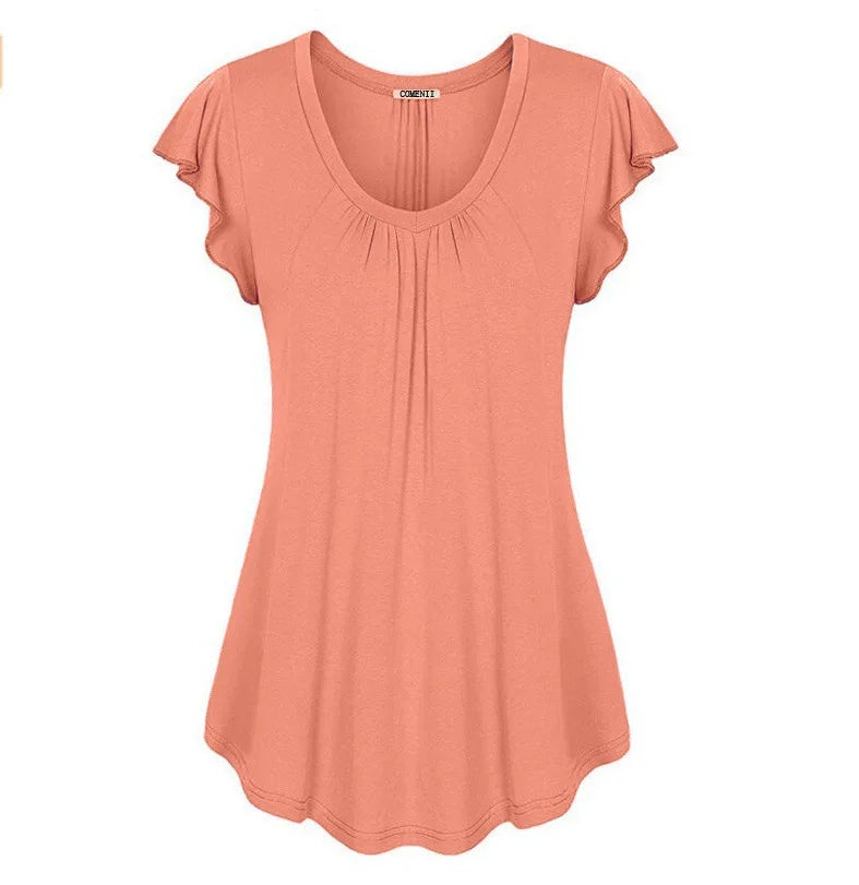 2019 new women's spring and summer solid color lotus leaf sleeve short-sleeved T-shirt womens clothing