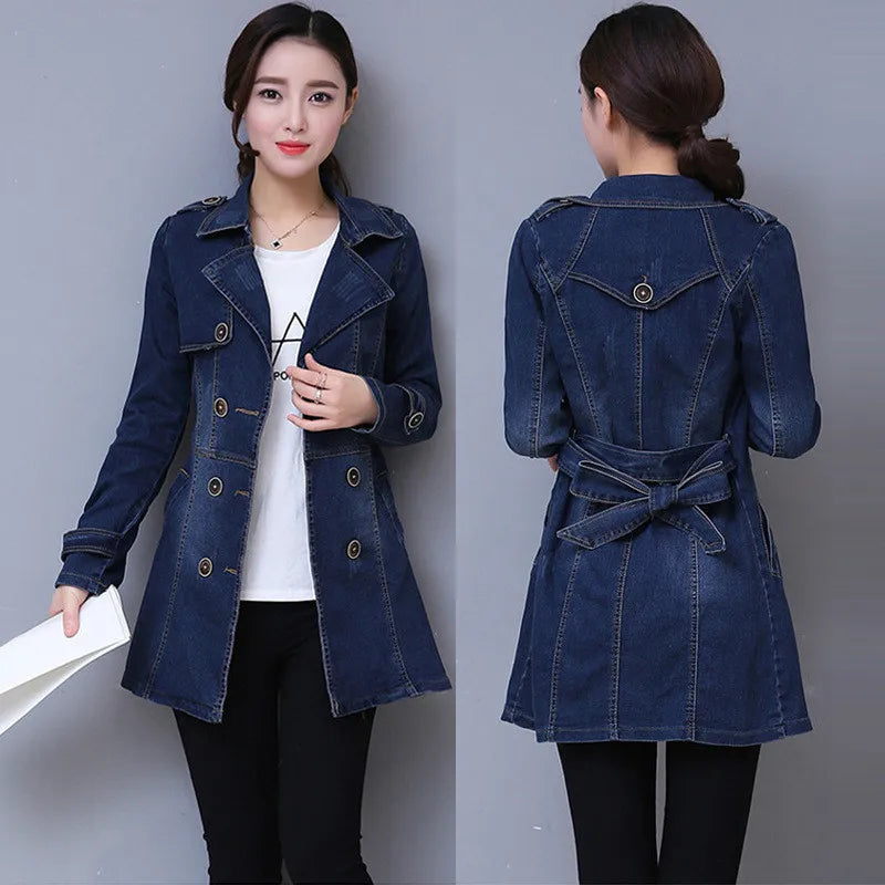 2024 Autumn Denim Jacket Coat Women Double-breasted Full Sleeves Vintage Windbreaker Female Long Jean Jacket Outerwear Tops R640