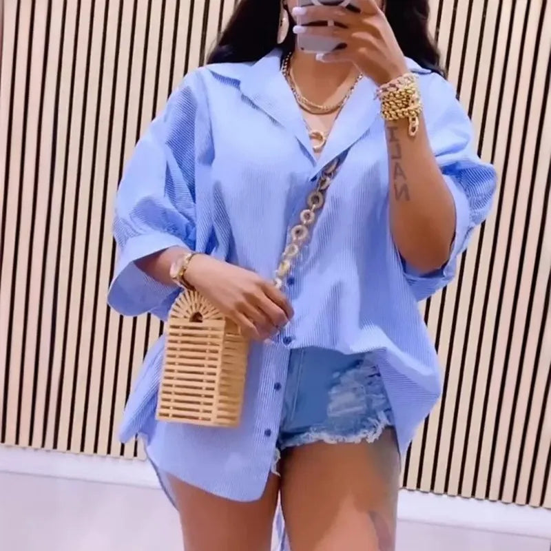 2024 Spring Summer New Women's Striped Back Hollow-out Split Drawstring Strap Design Half Sleeves Loose Shirt Top