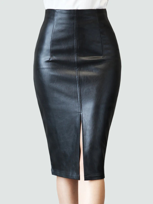 Midi Skirts PU Leather Dress High Waist Front Split Pencil Skirts Women Clothing Fashion Party Club Wear Summer Autumn Plus Size