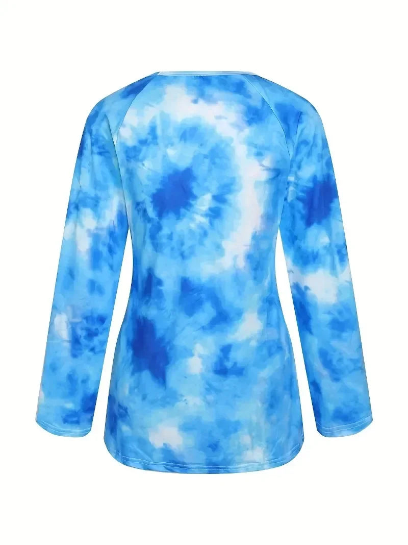 Fashion Women's Plus Size 1XL-5XL New Tie Dye Long Sleeve Strap V-Neck T-shirt Ladies Casual Loose Tops