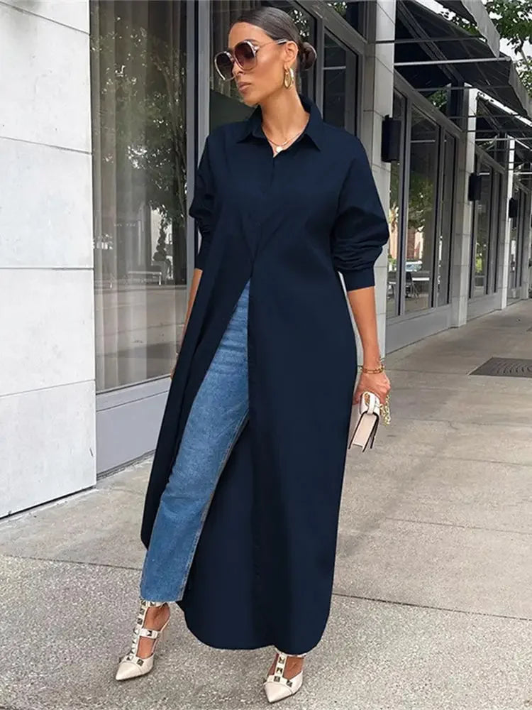 Fashion Casual Long Shirt Women Solid Color Single Breasted Jacket Fashion Elegant Long Dress Shirt 2022 Summer Streetwear S-2XL