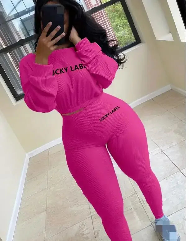 Fashion Summer Solid Lucky Label Letter Embroidery Two Piece Sets Women Sweatshirt+Leggings Casual Sporty Tracksuits Female