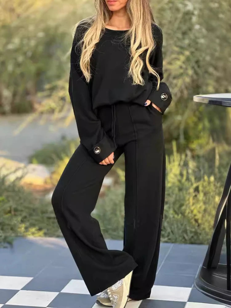 202 Autumn/Winter New Women's Loose Fashion Casual Set Round Neck Long Sleeve Top Elastic Waist Pants Two Piece Set