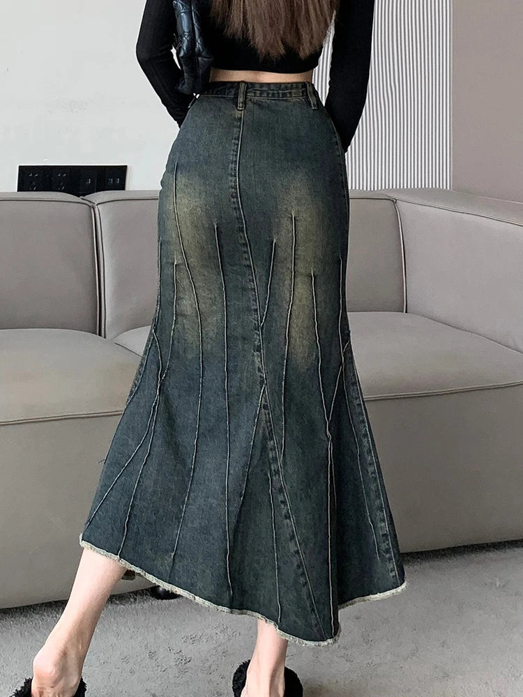 Vintage Ripped Women Mermaid Skirt 2023 New Fashion Y2K Streetwear Jeans Skirts Female Retro Casual Irregular Hip Skirts Denim