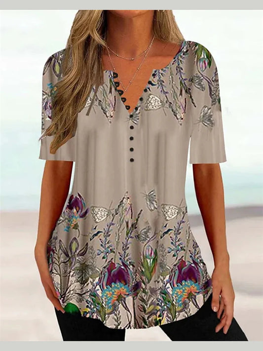 Summer Women's Button T-Shirt Street Retro V-Neck Fashion Short-Sleeved Loose Casual Women's Top 3D Printed V-Neck T-Shirt