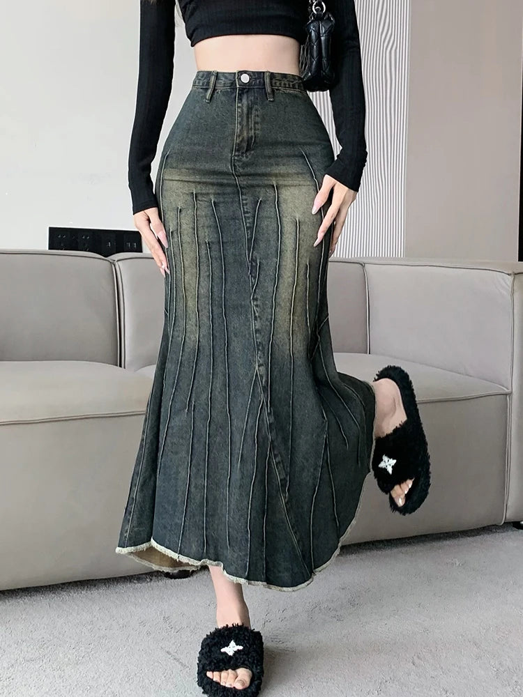 Vintage Ripped Women Mermaid Skirt 2023 New Fashion Y2K Streetwear Jeans Skirts Female Retro Casual Irregular Hip Skirts Denim