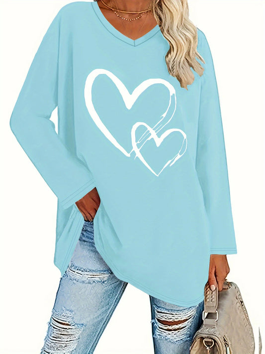 Plus Size Casual T-shirt Women's Plus Heart & Stripe Print Long Sleeve V Neck Slight Stretch Tunic T-shirt
