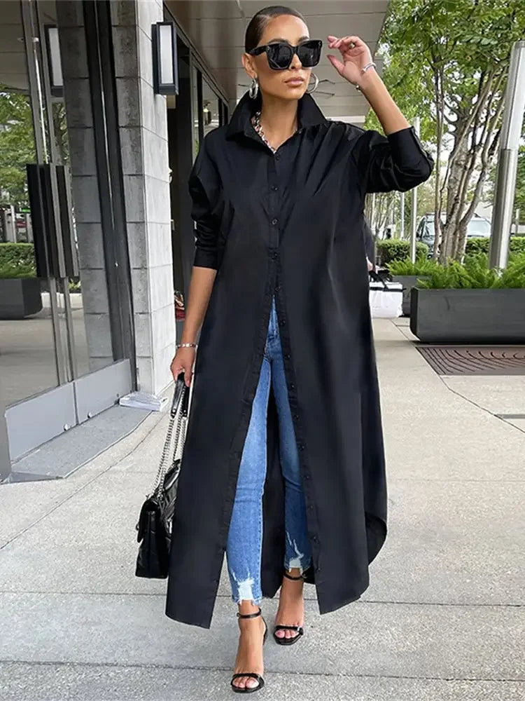 Fashion Casual Long Shirt Women Solid Color Single Breasted Jacket Fashion Elegant Long Dress Shirt 2022 Summer Streetwear S-2XL
