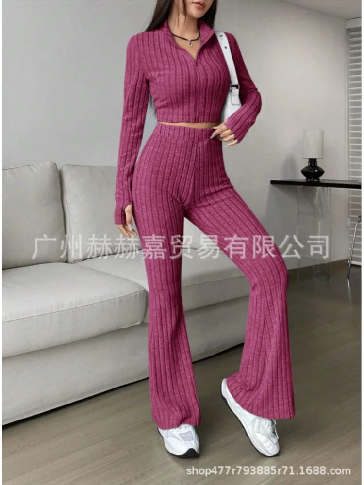 Fashion Solid Color Knitting Pants Sets Women Slim Long Sleeve High Neck Cropped Top High Waist Trousers Two Piece Set Female
