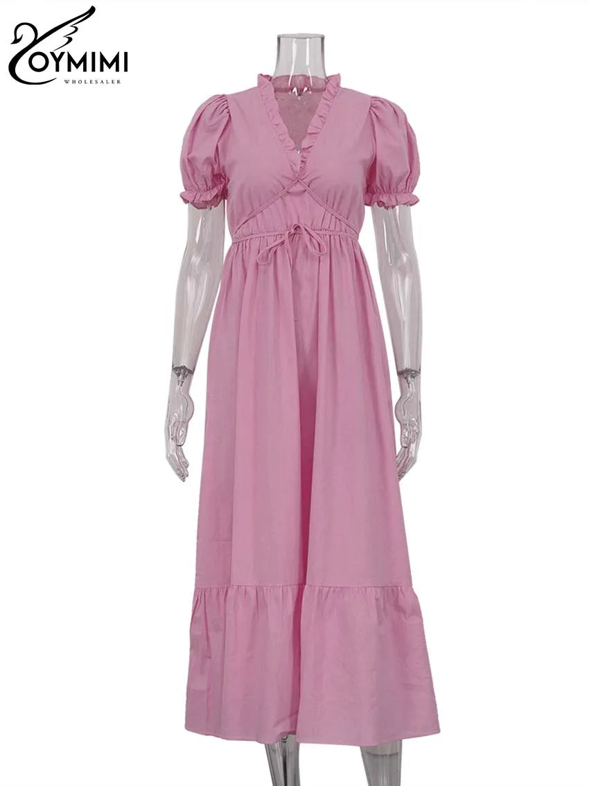 Oymimi Elegant White Cotton Womens Dresses Fashion Short Sleeve V-Neck Lace-Up Dresses Summer Loose Ankle-Length Dress Female