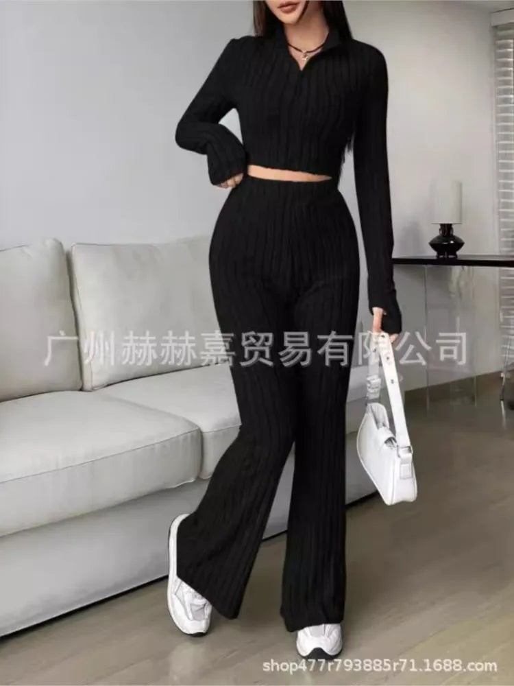 Fashion Solid Color Knitting Pants Sets Women Slim Long Sleeve High Neck Cropped Top High Waist Trousers Two Piece Set Female