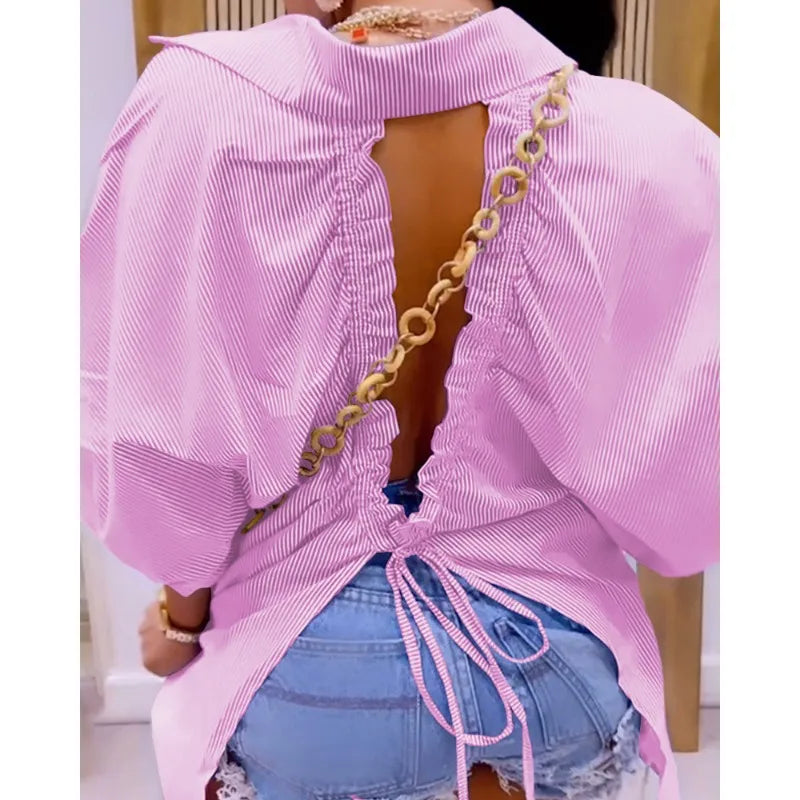 2024 Spring Summer New Women's Striped Back Hollow-out Split Drawstring Strap Design Half Sleeves Loose Shirt Top