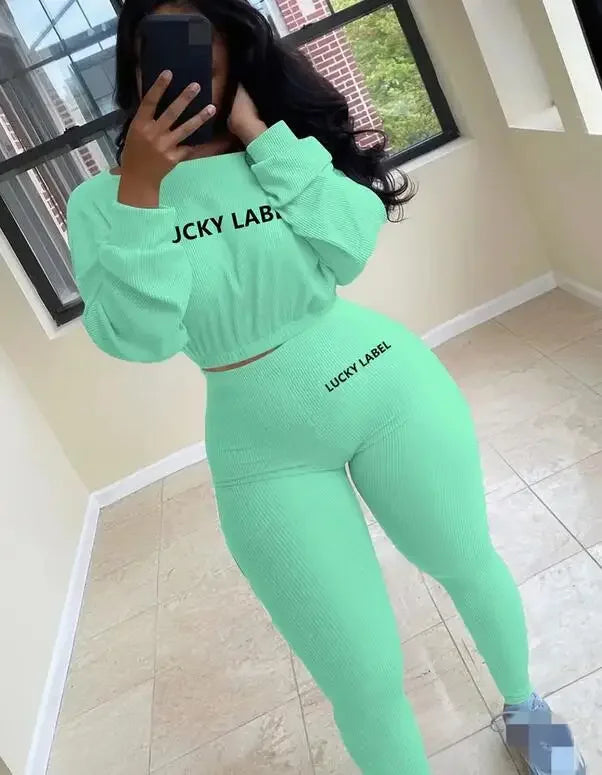 Fashion Summer Solid Lucky Label Letter Embroidery Two Piece Sets Women Sweatshirt+Leggings Casual Sporty Tracksuits Female