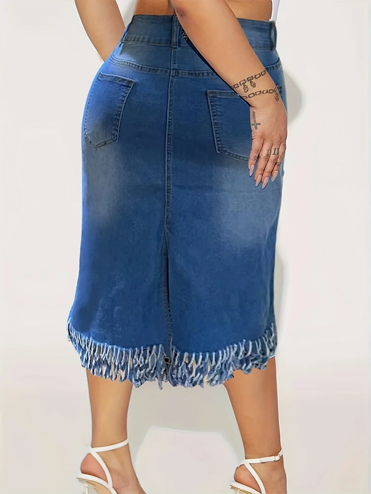 Women's Fringe Long Jean Skirts Fashion Casual Comforts Slim Mid Waist Stretch Denim Plus Size Half Skirt Four Seasons of Wear