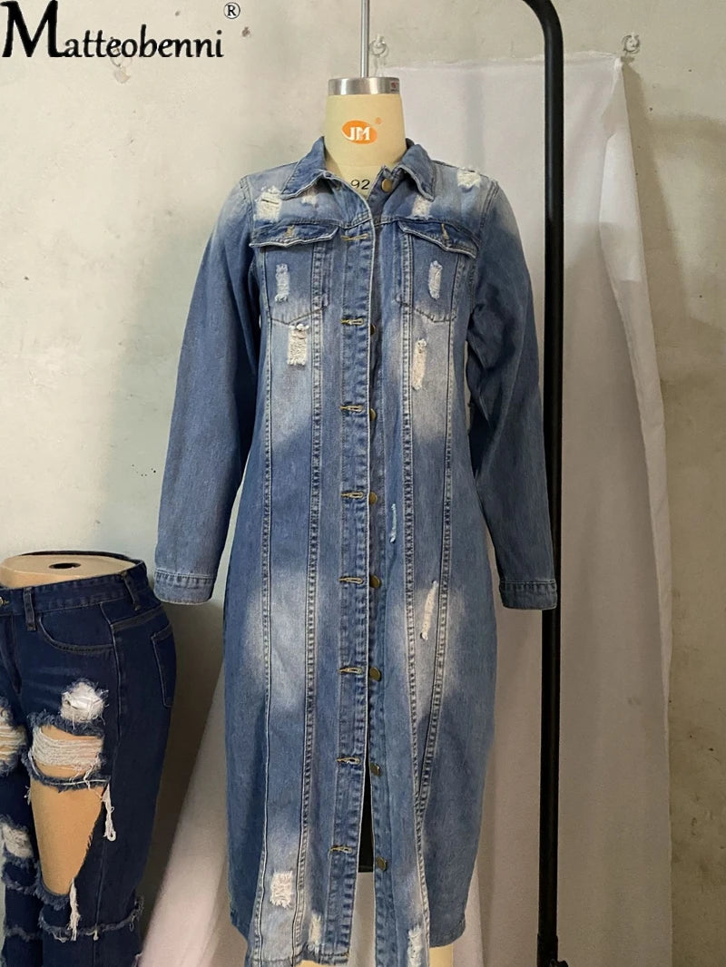 Autumn Women Sexy Ripped Denim Jackets 2023 Vintage Casual Long Jean Jacket Winter Female Long Sleeve Coat Streetwear