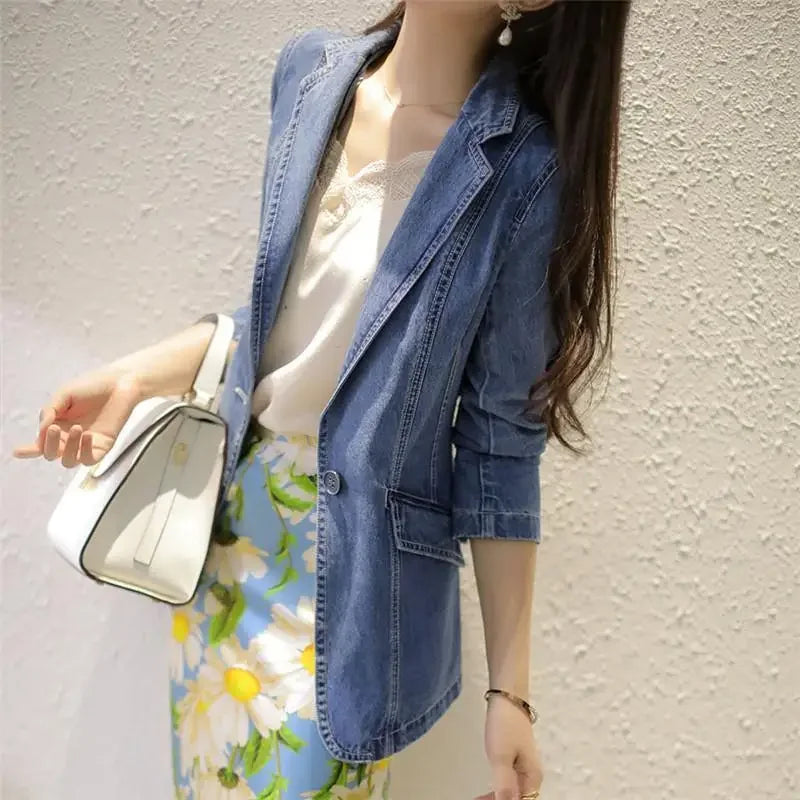 Vintage Suit Women Jeans Jacket Casual Tops Loose Short Denim Blazer Outwear Female Cowboy Basic Coat New Spring Autumn B420