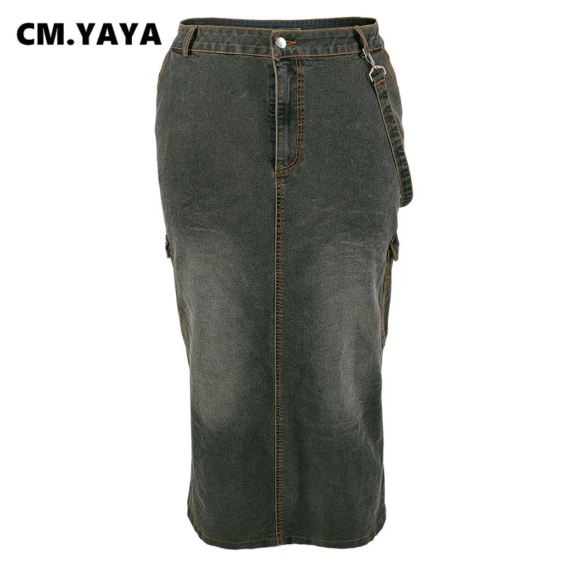 CM.YAYA Women Plus Size Bodycon Pencil Maxi Long Denim Skirt 2024 Summer Street Pockets Cargo Safari Split Jean Skirts