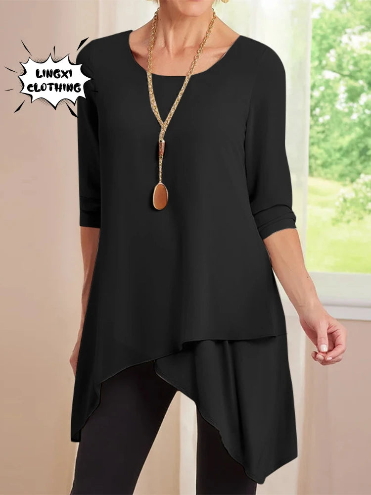 2023 Autumn Fashion New Product Women's Solid Color Long Sleeve Round Neck Irregular Women's T-shirt Large Size Elegant Shirt