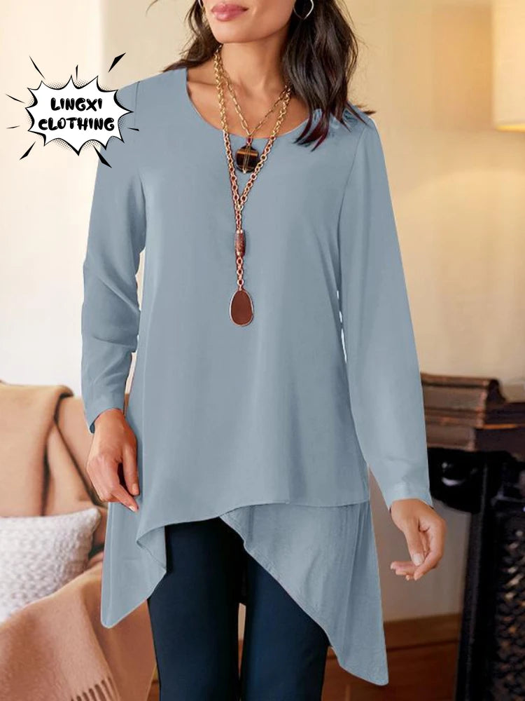 2023 Autumn Fashion New Product Women's Solid Color Long Sleeve Round Neck Irregular Women's T-shirt Large Size Elegant Shirt