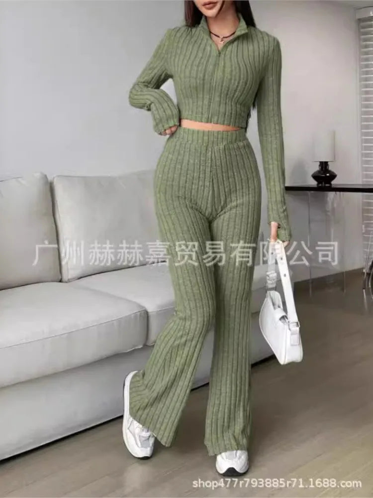 Fashion Solid Color Knitting Pants Sets Women Slim Long Sleeve High Neck Cropped Top High Waist Trousers Two Piece Set Female