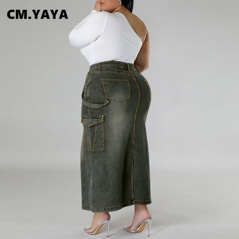 CM.YAYA Women Plus Size Bodycon Pencil Maxi Long Denim Skirt 2024 Summer Street Pockets Cargo Safari Split Jean Skirts