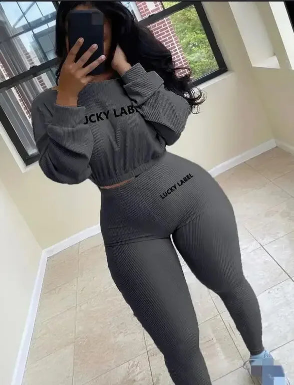 Fashion Summer Solid Lucky Label Letter Embroidery Two Piece Sets Women Sweatshirt+Leggings Casual Sporty Tracksuits Female