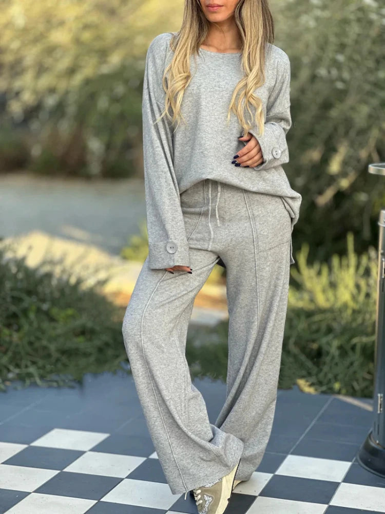 202 Autumn/Winter New Women's Loose Fashion Casual Set Round Neck Long Sleeve Top Elastic Waist Pants Two Piece Set