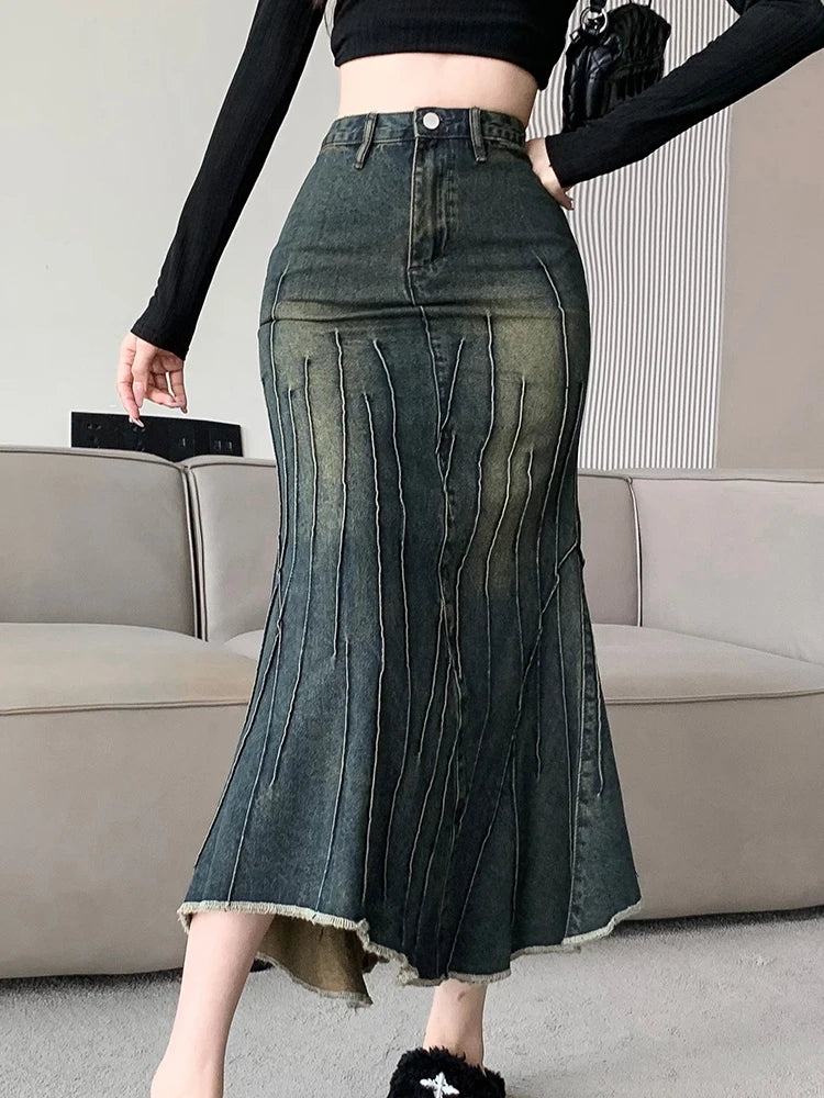 Vintage Ripped Women Mermaid Skirt 2023 New Fashion Y2K Streetwear Jeans Skirts Female Retro Casual Irregular Hip Skirts Denim