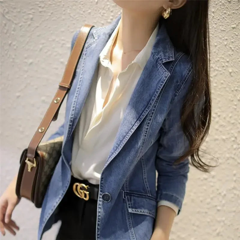 Vintage Suit Women Jeans Jacket Casual Tops Loose Short Denim Blazer Outwear Female Cowboy Basic Coat New Spring Autumn B420