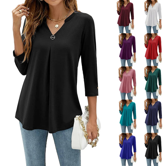 Womens Autumn V Neck 3/4 Sleeve Shirts Business Casual Tops Loose Work Tunic Blouse