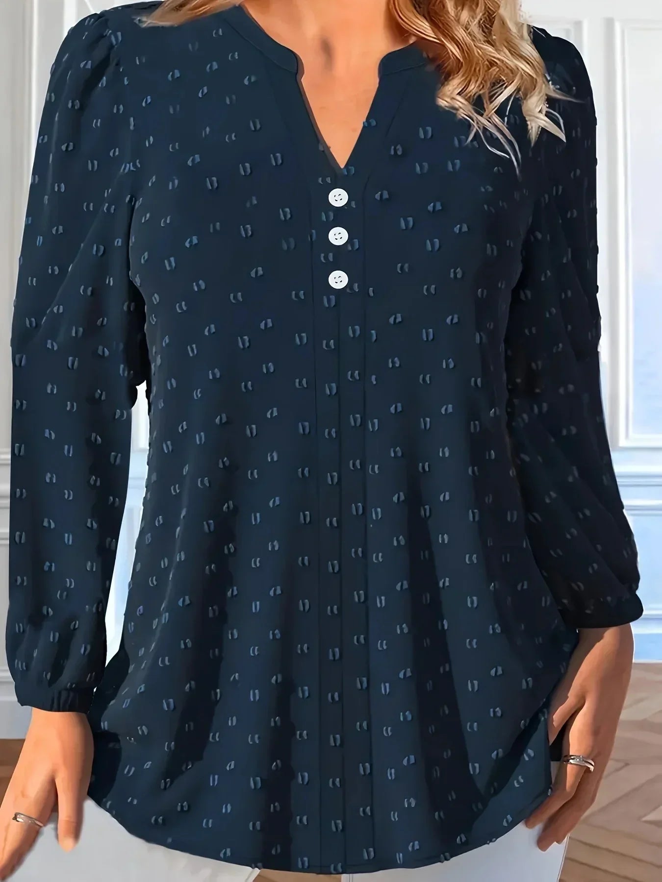 Plus Size 1XL-5XL Women's Swiss Dot Blouse with Button Detail and Long Sleeves Shirt Ladies Stylish and Comfortable V-Neck Top