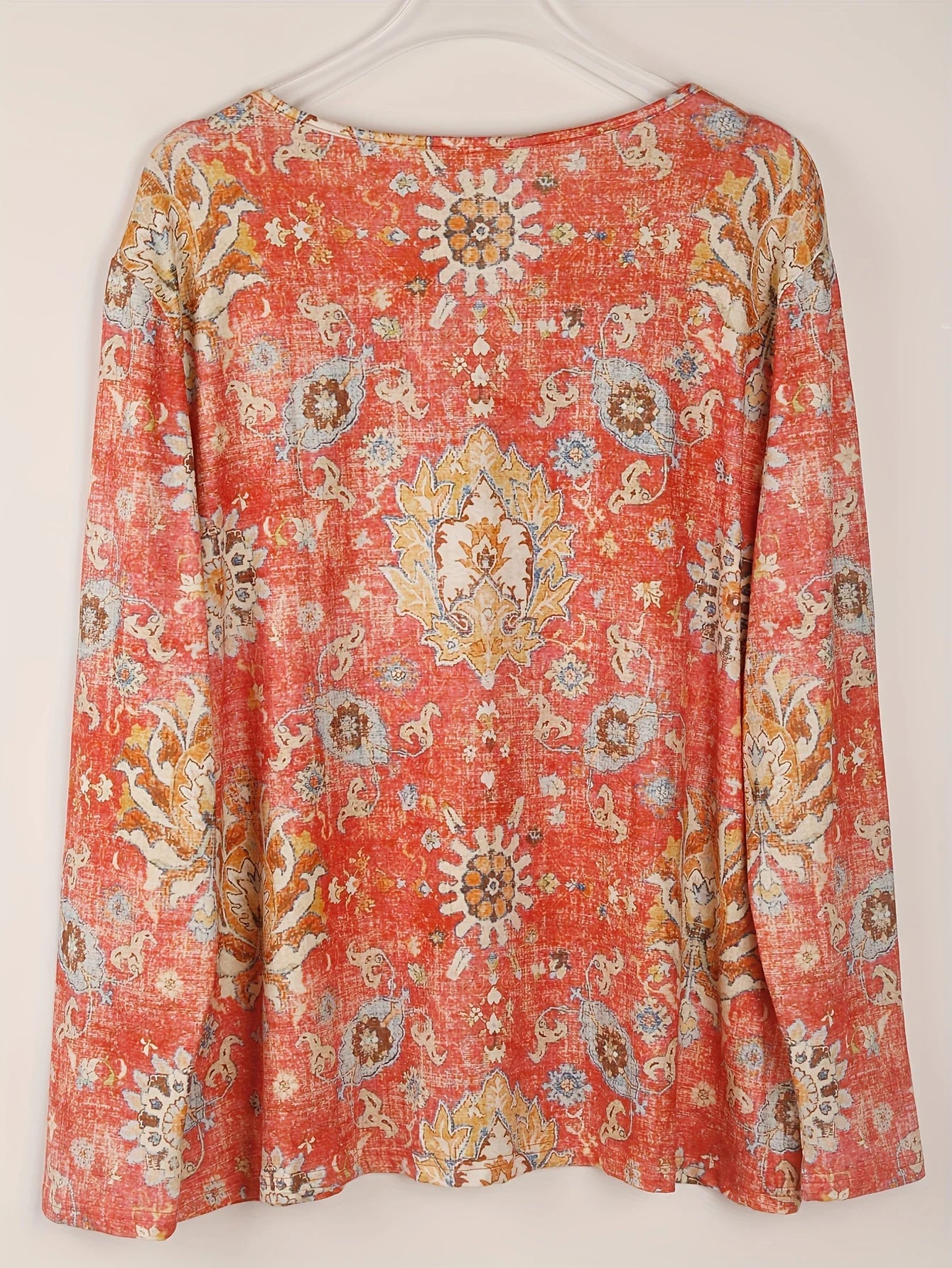 Plus Size Boho Top Women's Plus Floral Print Long Sleeve T-Shirt Casual V Neck Slight Stretch Top Clothing