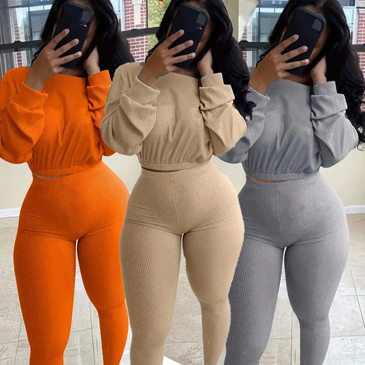 Letter Embroidery Women Two Piece Ribbed Tracksuits Fall Spring Long Sleeve Sweatshirt and Skinny Pants Set