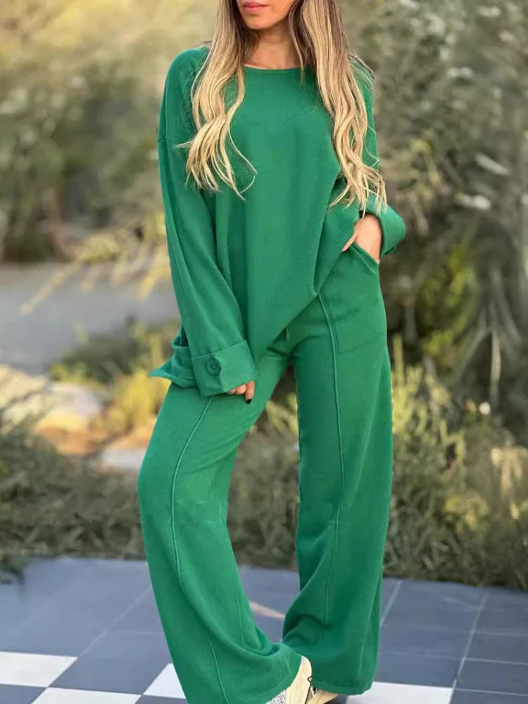 202 Autumn/Winter New Women's Loose Fashion Casual Set Round Neck Long Sleeve Top Elastic Waist Pants Two Piece Set