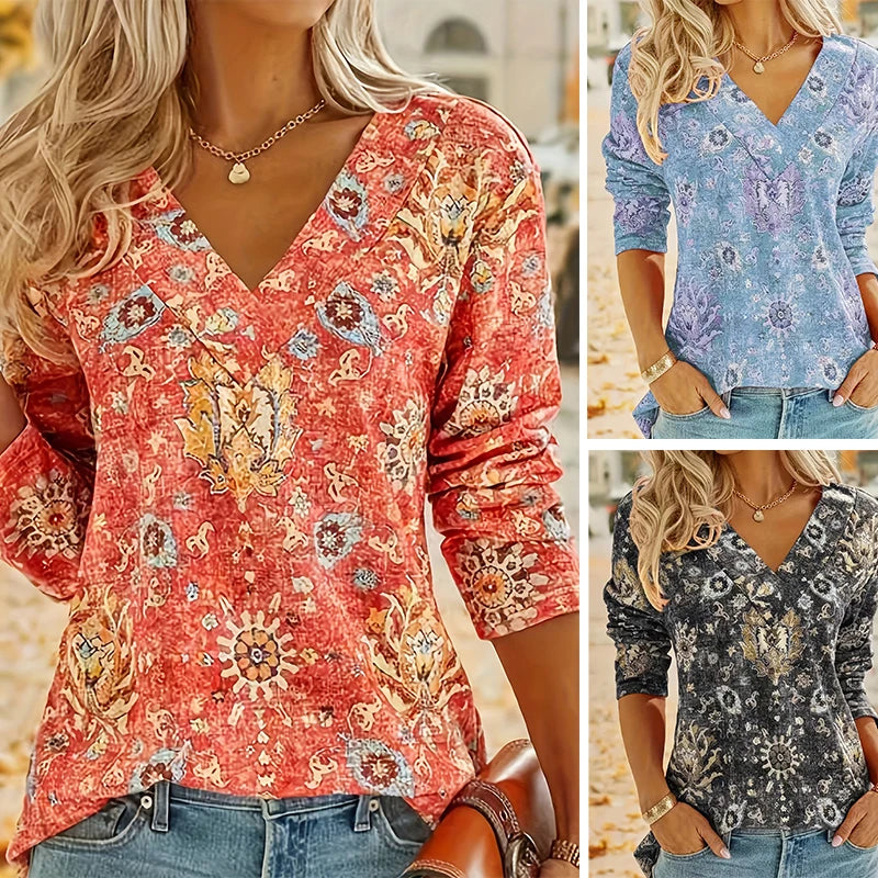 Plus Size Boho Top Women's Plus Floral Print Long Sleeve T-Shirt Casual V Neck Slight Stretch Top Clothing