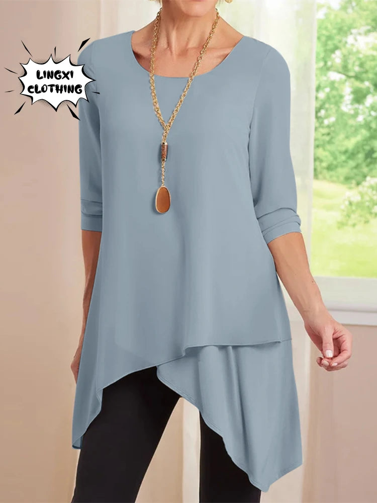 2023 Autumn Fashion New Product Women's Solid Color Long Sleeve Round Neck Irregular Women's T-shirt Large Size Elegant Shirt