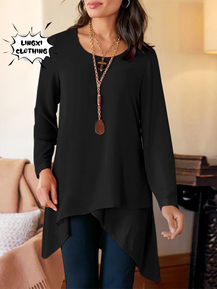 2023 Autumn Fashion New Product Women's Solid Color Long Sleeve Round Neck Irregular Women's T-shirt Large Size Elegant Shirt