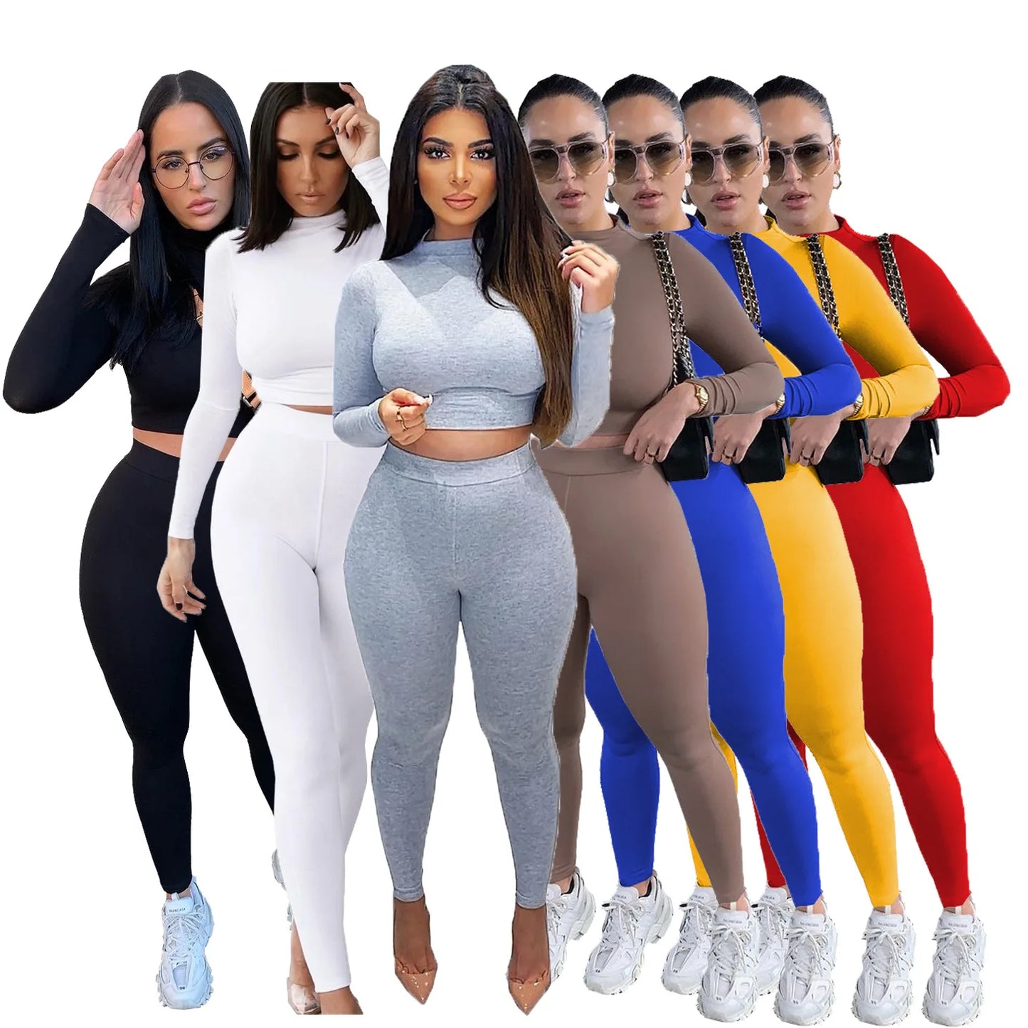 Two Piece Sets Women Solid Autumn Tracksuits High Waist Stretchy Sportswear Hot Crop Tops And Leggings Matching Outfits