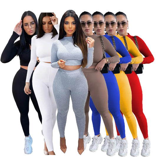 Two Piece Sets Women Solid Autumn Tracksuits High Waist Stretchy Sportswear Hot Crop Tops And Leggings Matching Outfits