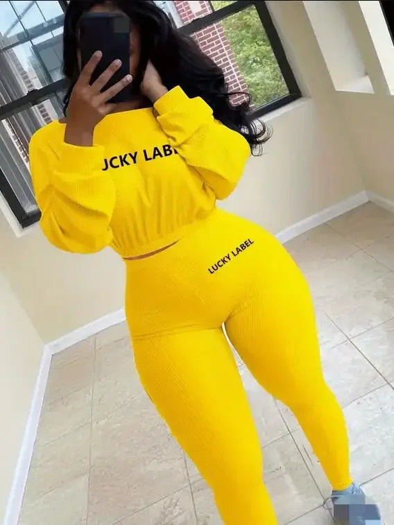 Fashion Summer Solid Lucky Label Letter Embroidery Two Piece Sets Women Sweatshirt+Leggings Casual Sporty Tracksuits Female