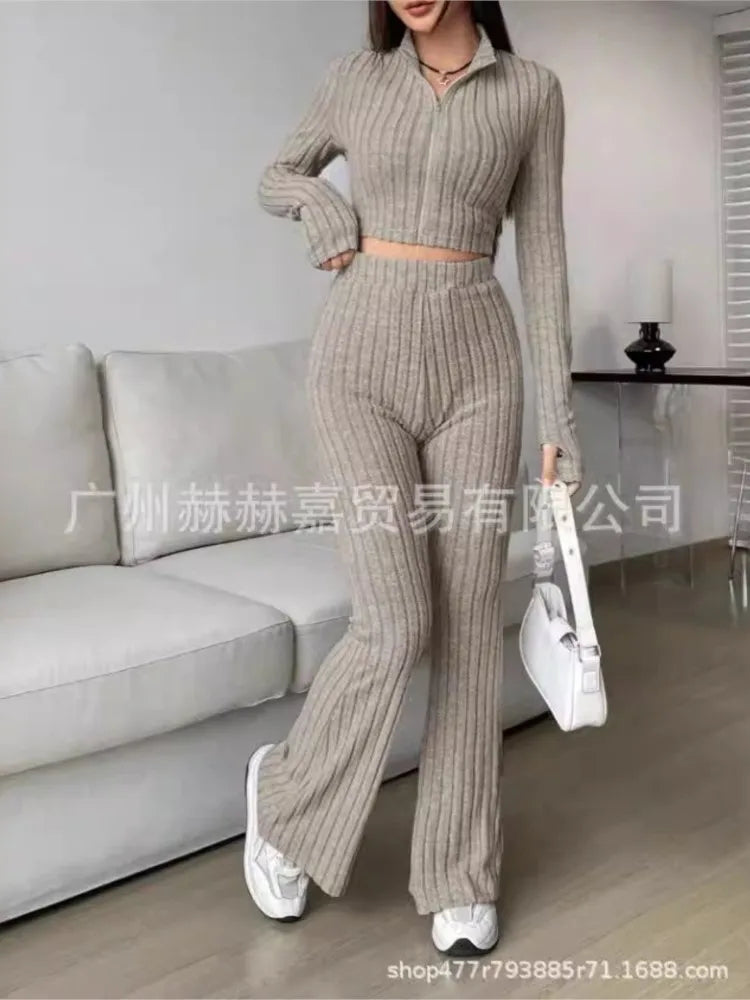 Fashion Solid Color Knitting Pants Sets Women Slim Long Sleeve High Neck Cropped Top High Waist Trousers Two Piece Set Female