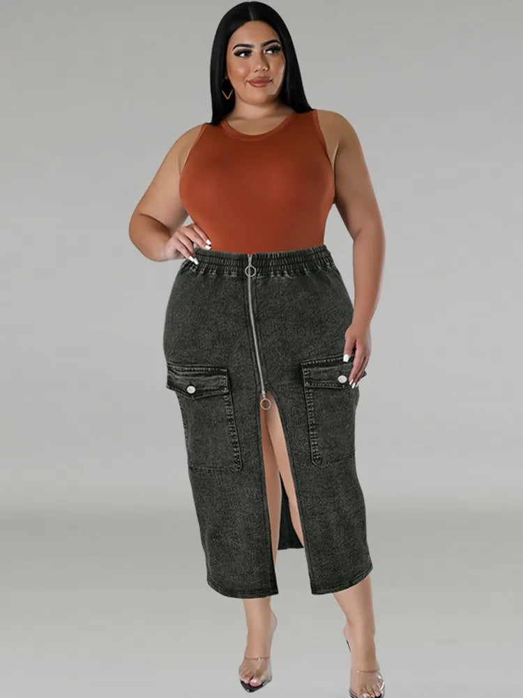 Summer New Plus Size Clothes High Waist Slit Denim Skirt For Women Washed Retro Pencil Skirt Hip-covering Straight Long Skirt