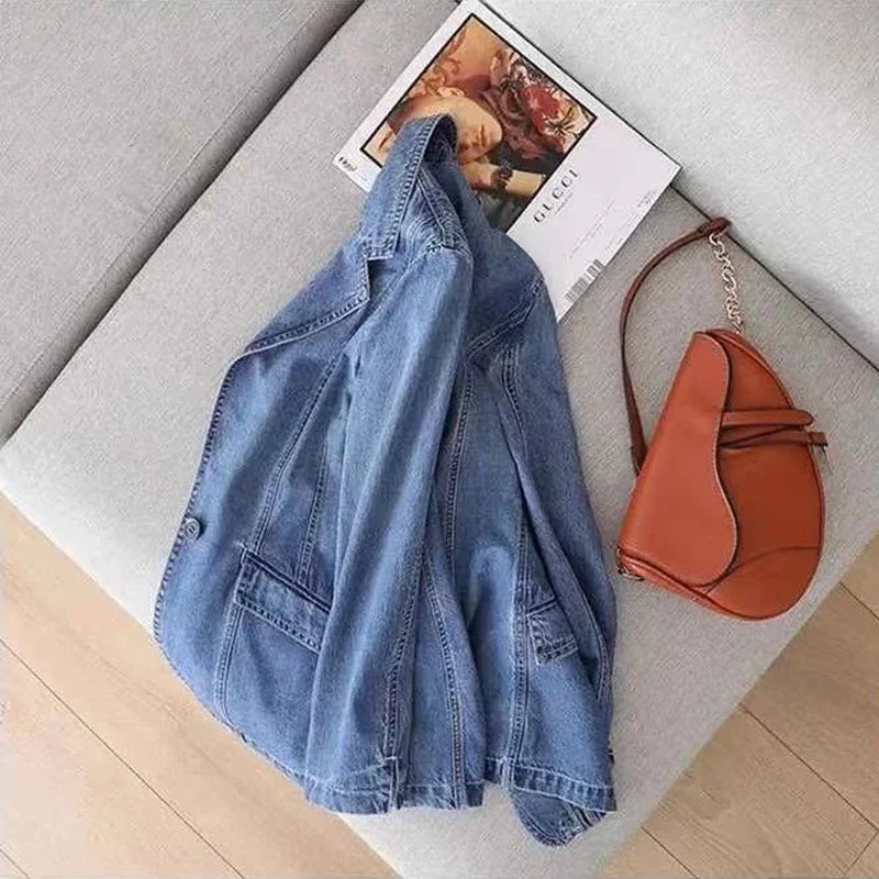 Vintage Suit Women Jeans Jacket Casual Tops Loose Short Denim Blazer Outwear Female Cowboy Basic Coat New Spring Autumn B420