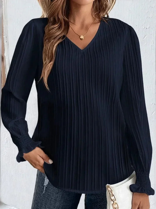 Women's Spring and Autumn Plus Size 1XL-5XL Casual T-shirt Ladies Fashion Solid Color Ribbed Lantern Sleeves V-neck T-shirt