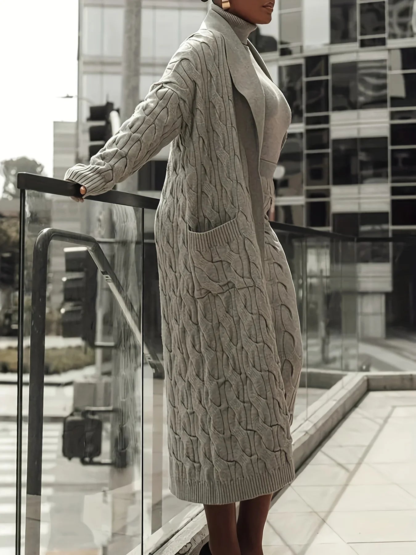 2024 Winter Chic Three-Piece Knit Set Women Open Front Pocketed Cardigan Sleek Turtleneck Sweater With High-Waist Skirt Perfect