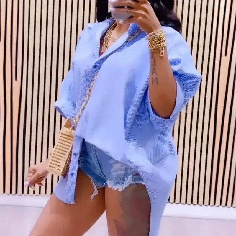 2024 Spring Summer New Women's Striped Back Hollow-out Split Drawstring Strap Design Half Sleeves Loose Shirt Top