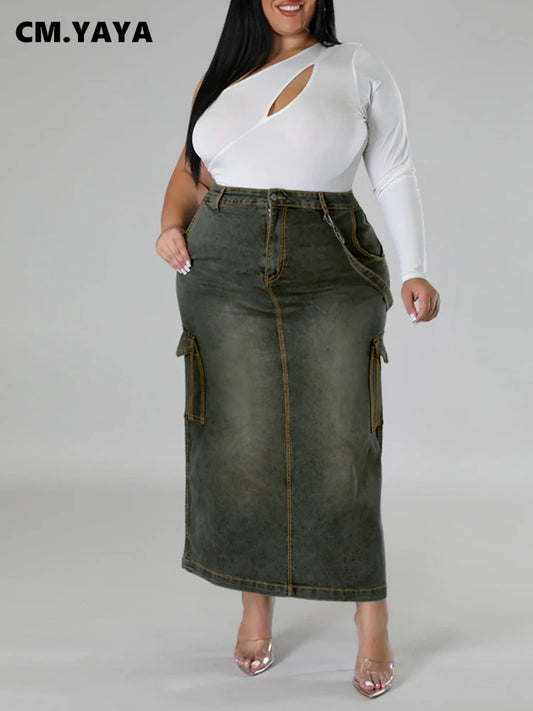 CM.YAYA Women Plus Size Bodycon Pencil Maxi Long Denim Skirt 2024 Summer Street Pockets Cargo Safari Split Jean Skirts