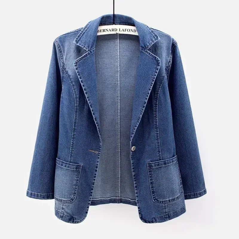 Womens Denim Suit Jacket New Spring Autumn Korean Pocket Jeans Outwear Female Slim One Button Long Sleeve Denim Blazers Coats